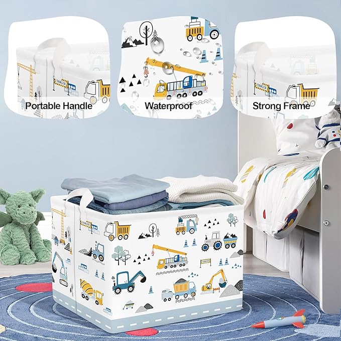 Cars Laundry Hamper Cartoon Vehicle Large Storage Basket Collapsible Parents Organizer Boy Toy Clothes Bins for Bedroom, Bathroom, Crane, 36L