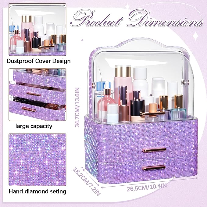 Honeydak Bling Makeup Organizer for Mothers Day Nurses Day Birthday Gifts Rhinestone Cosmetic Display Cases with Transparent Cover, Skincare Perfume Organizer for Countertop, Desk(Purple,Rhinestone)