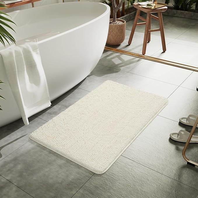 LOCHAS Luxury Bathroom Rug Shaggy Bath Mat 20 x 30 Inch, Washable Non Slip Bath Rugs for Bathroom Shower, Soft Plush Chenille Absorbent Carpets Mats, Cream White