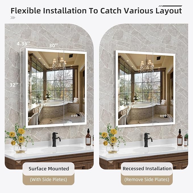30" x 32" Bathroom LED Medicine Cabinet, Lighted Mirror with 3-Color Lights, Defogger, Stepless Dimming, Large Storage, Double Door