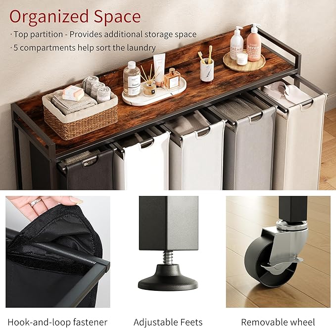 Herture Laundry Hamper with Shelf, Laundry Basket 5 Section, Laundry Sorter with Pull-Out Removable Large 5 Color Bags and Movable Wheels, Metal Frame, 5 x 15.87 Gallons (60L), Rustic Brown PF08XLN