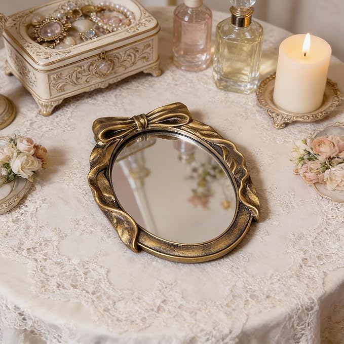 Vintage Round Vanity Desk Mirror - 8x6Inch Elliptical Tabletop Decorative Ornate Gold Accent Retro Makeup Mirror for Bedroom Dresser Living Room Bathroom Dorm Champagne Gold