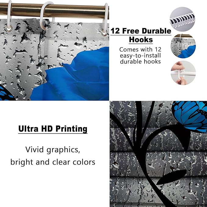 Poedist 4 Pcs Bathroom Set,Blue Rose Shower Curtain Sets, Floral Shower Curtain Sets with Rugs(Bath Mat,U Shape and Toilet Lid Cover Mat) and 12 Hooks