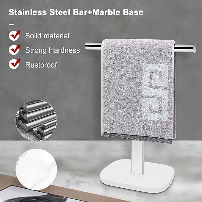 NearMoon T-Shape Hand Towel Holder-Bath Towel Rack-Standing with Balanced Base Towel Bar for Bathroom Kitchen Vanity Countertop, Modern Stand Towel Ring with Marble Base (14 Inch, Chrome)