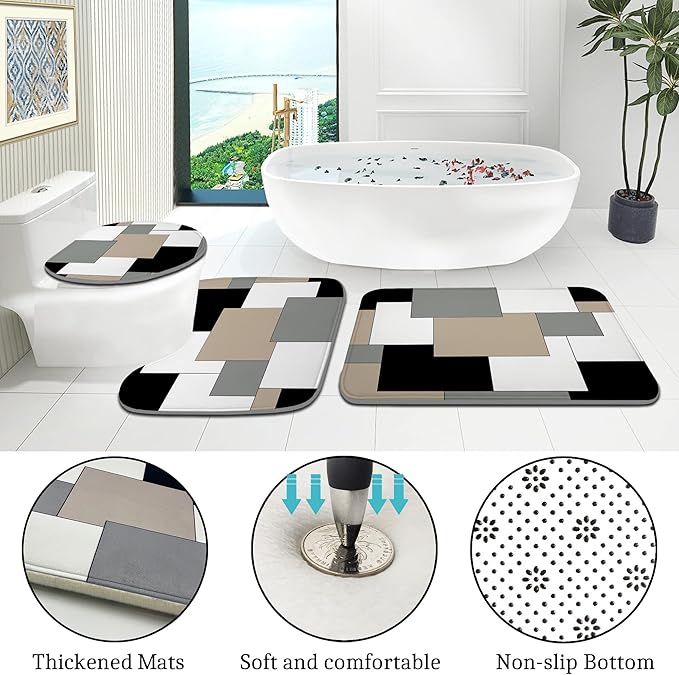 Grey Bathroom Set with Shower Curtain and Rugs, 4 Piece Geometric Set, Incl Shower Curtain with 12 Hooks, Bath Mat, U-Shaped Floor Mat, Toilet Lid Oval Rug