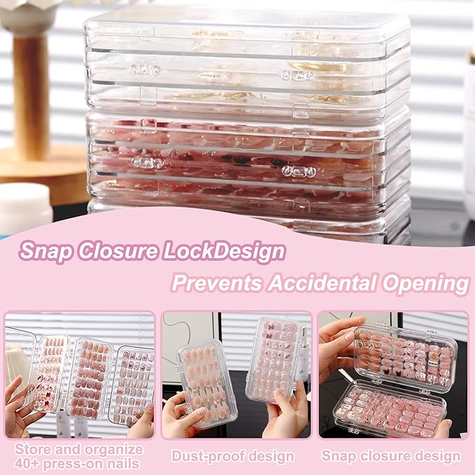 Compact Press on Nail Storage Box,Portable Tri-Fold Press on Nails Organizer Case with 60 Pcs Adhesive Double Sided Tape,Acrylic Nail Storage Box for All Size Fake Nails Home Travel Use
