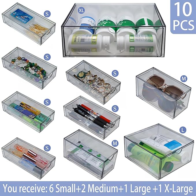 10 Pack Acrylic Storage Drawers Plastic Drawers Storage Clear Stackable Display Bins for Fridge Organizers Small Plastic Drawer for Makeup Organizers Cosmetic Display Case