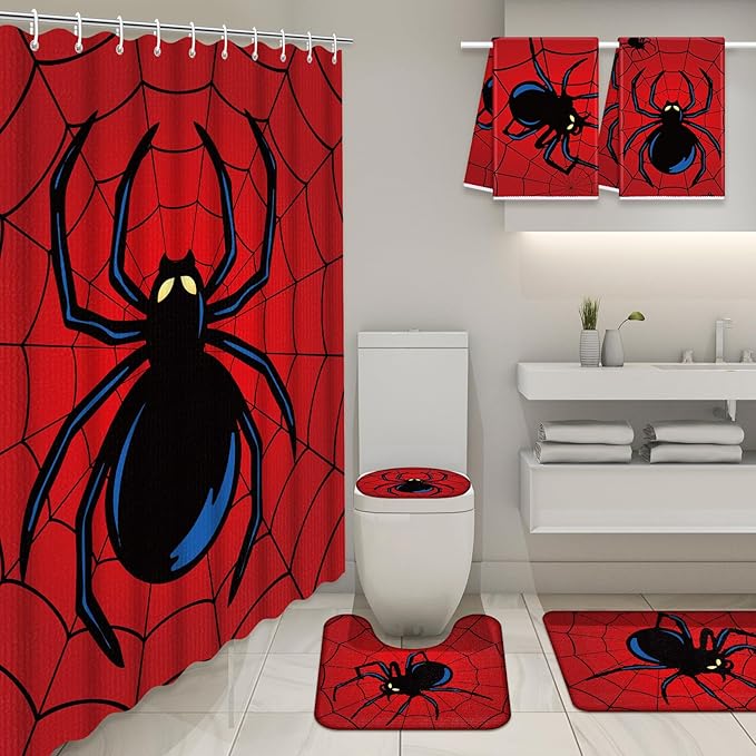 Nuanchu 6 Pcs Spider Shower Curtain Set with Rug Bathroom Sets with Shower Curtain Bath Mat U Shaped Mat Toilet Lid Cover 2 Bath Towels and 12 Hooks Red Black Spider Bathroom Decor