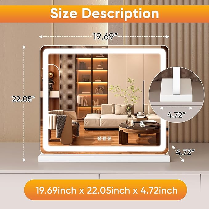 OLIXIS 19"x22" Lighted Vanity Mirror with Lights, Dimmable 3 Color Modes Makeup Mirror with Memory Function, USB Charging, Aluminum Frame, Lighted Mirror for Desk or Bedroom