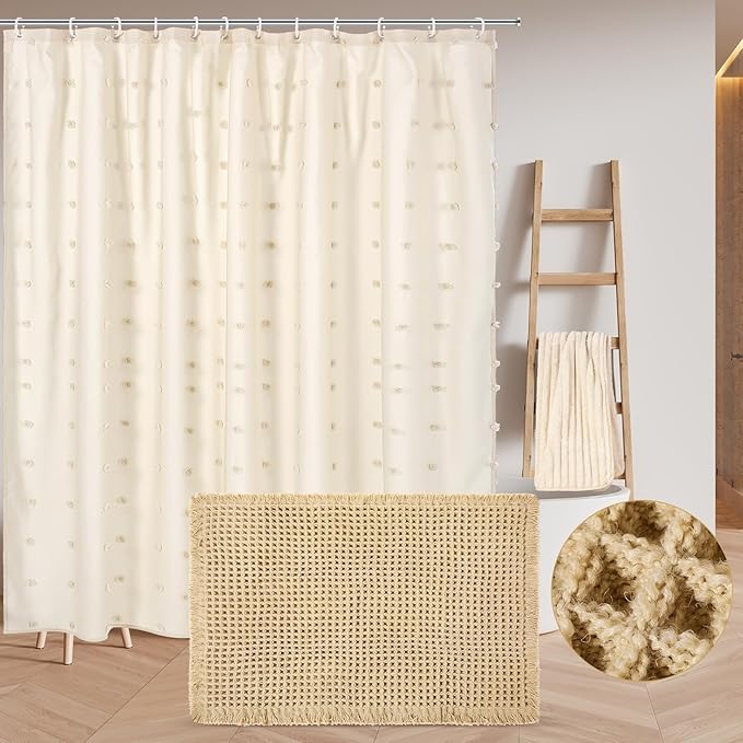 HunnmingRe 3 Pcs Boho Farmhouse Bathroom Shower Curtain Set with Waffle Bath Mat and Towel Cream Waterproof neutral shower curtain Non Slip with 12 Hooks for Bathroom and Hotel Tub Decor 70.87 x 70.87