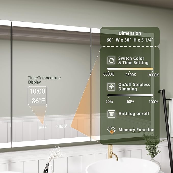 LED Medicine Cabinet Mirror, 60x30 Inch Bathroom Storage, Recessed/Wall Mount, Plug-in/Hardwired, 3 Color Dimmable Light, Anti-Fog, Time Temp Display