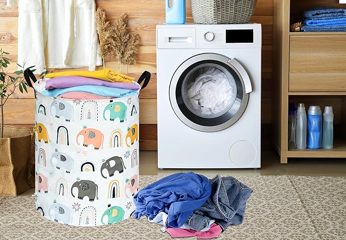 Round Rainbow elephant Pattern Laundry Hamper Clothes Storage Basket Fabric Storage Hamper Organization Storage Bin, Nursery Box,Gift Basket with Handles