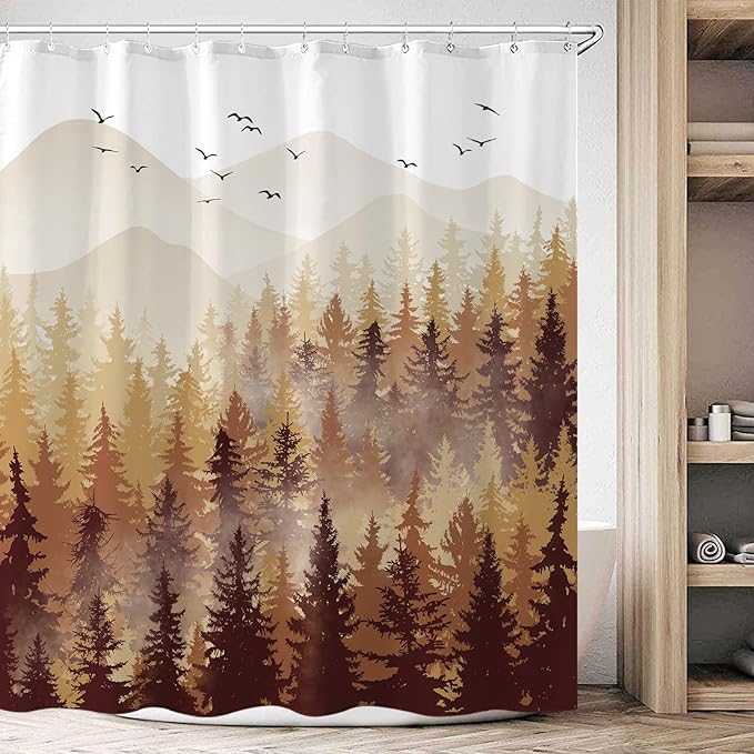 Accnicc Fall Brown Yellow Misty Forest Shower Curtain Ombre Autumn Nature Foggy Tree Waterproof Fabric Shower Curtains for Bathroom Mountain Woodland Decorative Bath Curtain Decor (72'' × 72'')