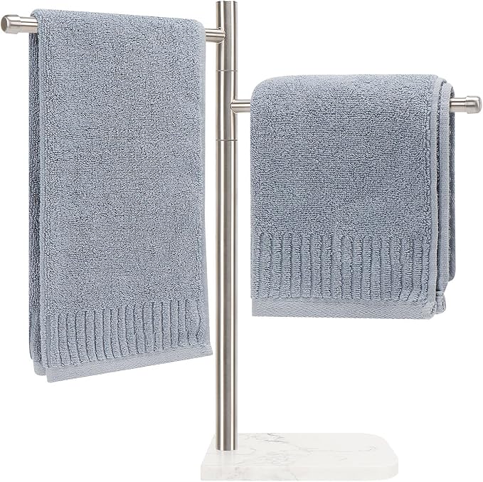 Standing Hand Towel Holder, Hand Towel Stand with Marble Base, 304 Stainless Steel Towel Rack with 2 Swivel Arm, Countertop Stand Towel Ring Towel Bar for Bathroom (Brushed Nickel