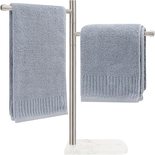 Standing Hand Towel Holder, Hand Towel Stand with Marble Base, 304 Stainless Steel Towel Rack with 2 Swivel Arm, Countertop Stand Towel Ring Towel Bar for Bathroom (Brushed Nickel