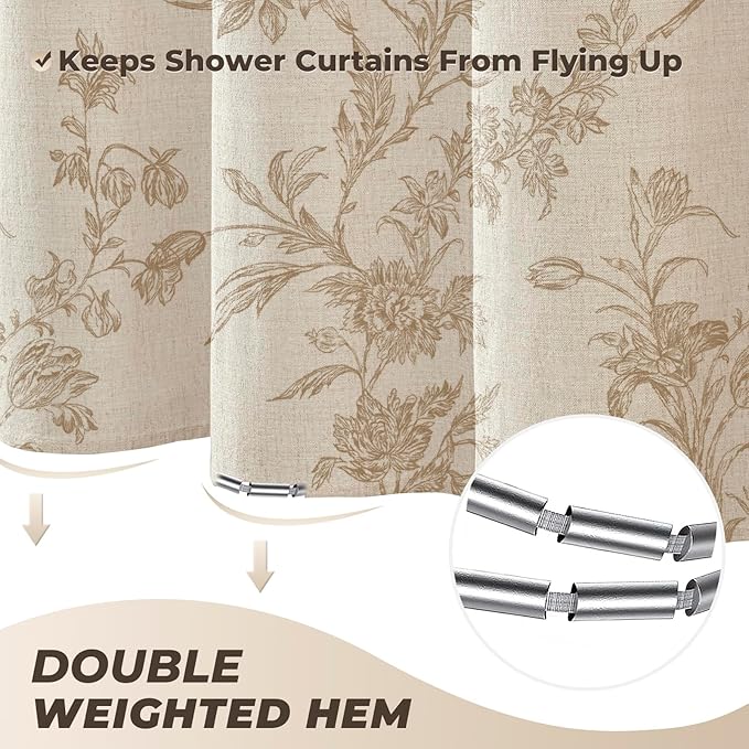 Beige Shower Curtain Vintage Linen Shower Curtain Floral Shower Curtains for Bathroom Boho Farmhouse Shower Curtains(Natural Linen,72"x78")