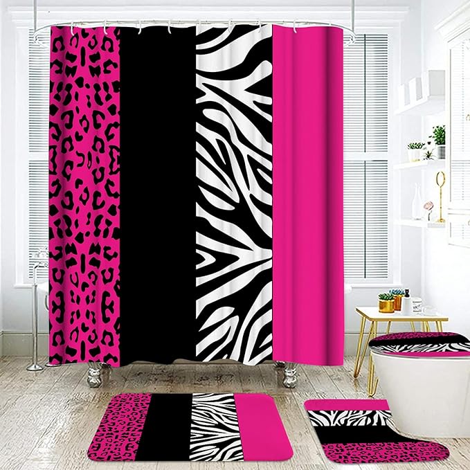 Onalasyc 4Pcs Rosy Leopard Shower Curtain with Rugs Set Waterproof Cheetah Print Bathroom Sets with Shower Curtain and Rugs Rosy Leopard Animal Print Bathroom Curtains Shower Set with 12 pcs Hooks
