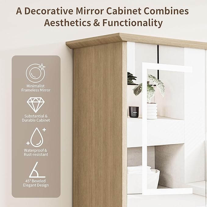 Bathroom Medicine Cabinet with Mirror, Lighted Storage Cabinet Wall Mounted with Doors & Adjustable Wood Shelf, Modern Bathroom Mirror with LED Lights Defogger for Makeup Laundry/Living Room, Oak