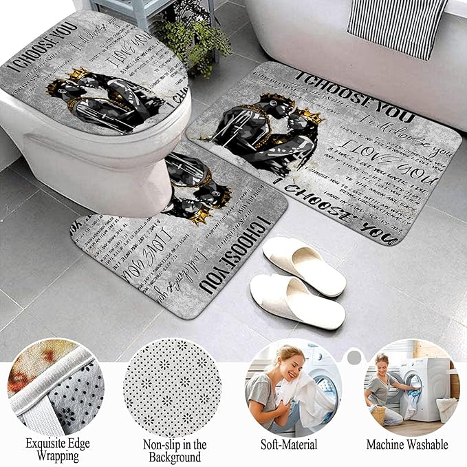 4pcs Romantic Couples Shower Curtain and Rugs Toilet Lid Cover Bath Mat, Full in Love Black Man Women Shower Curtain Set with Hooks, Black King Queen Valentine's Day Bathroom Decor Set
