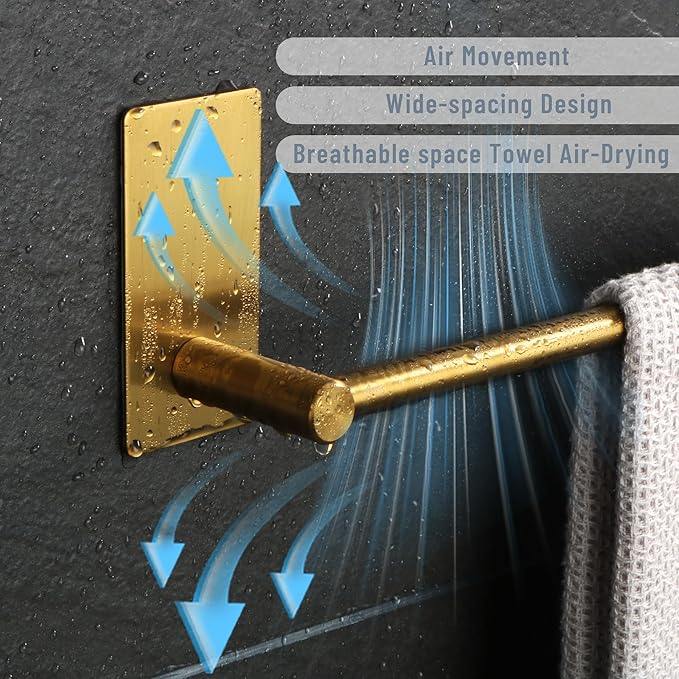 Alise Adhesive Towel Bar, 16 Inch Towel Racks for Bathroom SUS 304 Stainless Steel,Bathroom Towel Holder No Drill, Strong Self Adhesive Towel Bar, Gold