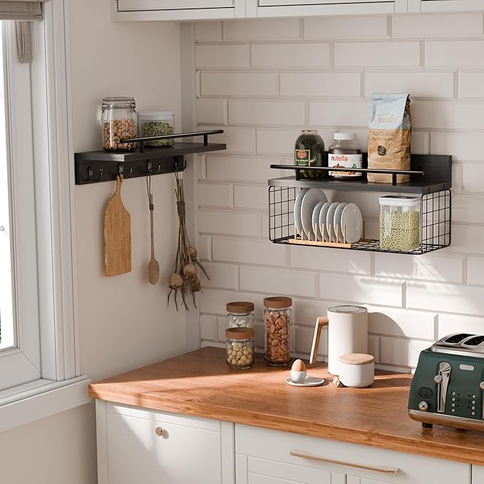 Floating Shelves - Black Bathroom Shelves Over Toilet, Set of 2 Wall Shelves with Basket and Hooks
