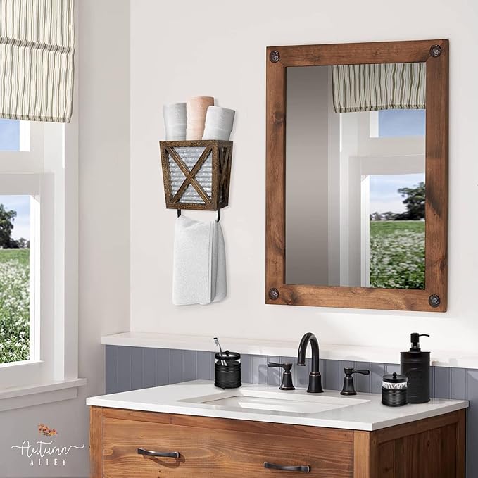 Autumn Alley Farmhouse Decor Rustic Hand Towel Holder - Farmhouse Towel For Bathroom Wall, For Kitchen Wall With Wooden Storage Add Charm to Your Rustic Bathroom Hand Towel Rack and Shelf Decor, Brown