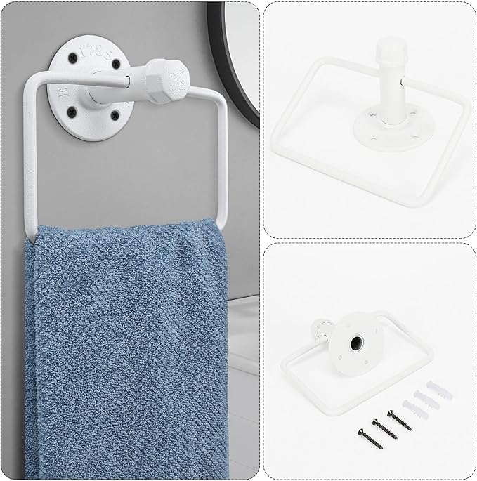 4-Pieces Industrial Pipe Bathroom Towel Ring Kit DIY Wall Mount Accessories Kit Includes Robe Hook Towel Bar and Towel Ring (White 18 inch)