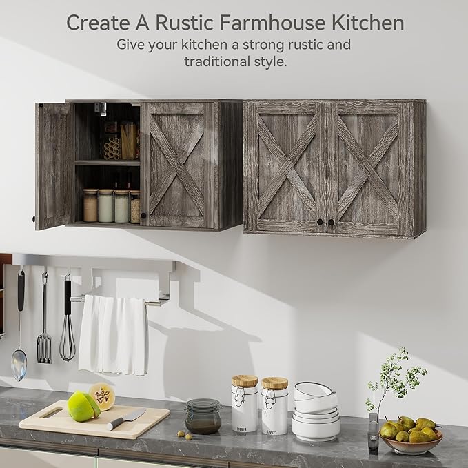 YOURLITE Laundry Cabinet, Medicine Cabinet, Bathroom Kitchen Storage Wall Mounted Farmhouse Organizer with Shelves Over Toilet, One Set of 2 Pieces X 24", Grey