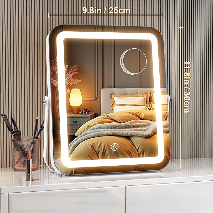 MINISO Vanity Mirror with Lights, 9.8" x 11.8" LED Makeup Mirror, Light & Brightness Adjustment, Smart Sensor, Aluminum Alloy Metal White Frame, with 5X Magnifying Glass