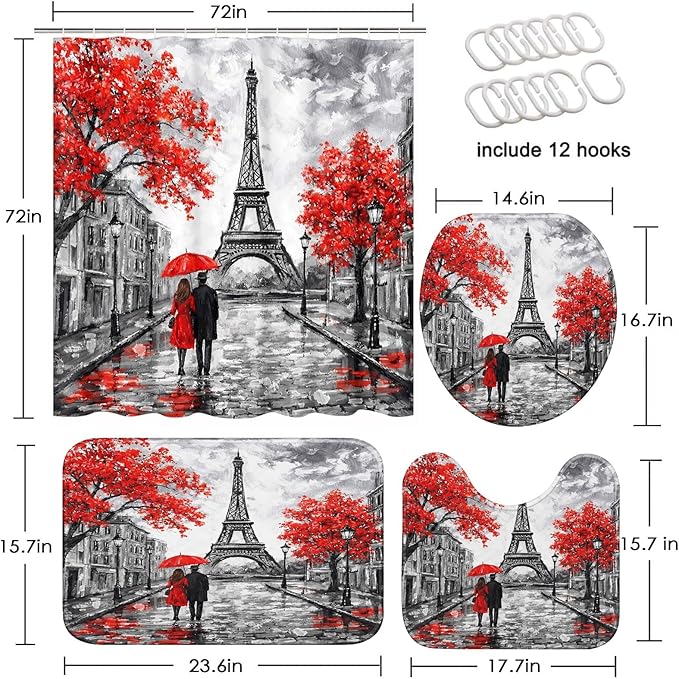 Britimes 4 Piece Shower Curtain Sets, Red Background Paris Eiffel Tower with Non-Slip Rugs, Toilet Lid Cover and Bath Mat, for Bathroom Decor Set, 72" x 72"