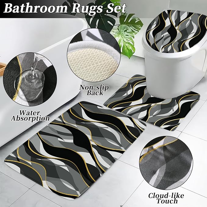 XLHOMO Bathroom Set - Black and Gold Bathroom Accessories, Bathroom Sets with Shower Curtain and Rugs, Black Shower Curtain Set with Bathroom Trash Can, Soap Dispenser, Soap Dish for Home Decor