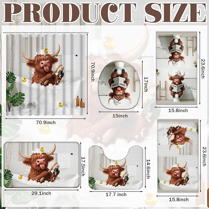 Nuanchu 6 Pcs Highland Cow Shower Curtain Set with Rug Bathroom Sets with Shower Curtain Bath Mat U Shaped Mat Toilet Lid Cover 2 Bath Towels and 12 Hooks Highland Cow Bathroom Decor