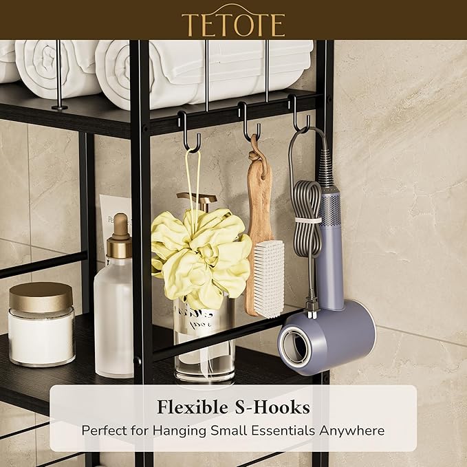 TETOTE 5-Tier Towel Storage for Bathroom Free Standing Towel Rack with M-Shaped Detachable Dividers& Hooks, Pool Towel Organizer Shelf Black