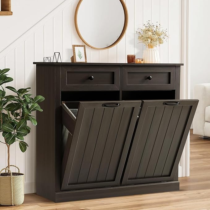 Grepatio Tilt Out Laundry Hamper Cabinet, 22 Gallon Double Laundry Hamper Cabinets, Wooden Trash Can Cabinet with 2 Drawers, Hidden Garbage Can for Bathroom, Kitchen, Living Room (Greyish Black)