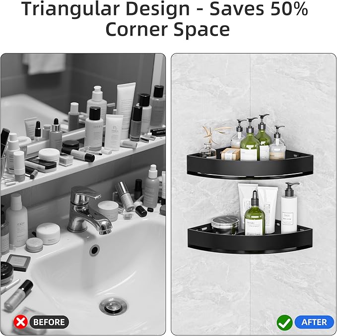Wisfame Black Corner Shower Caddy - Rustproof Aluminium Triangle Shower Shelf - No Drill & Drill Installation - 2 Bathroom Shelves Wall Mounted (20LB Capacity/Tier)