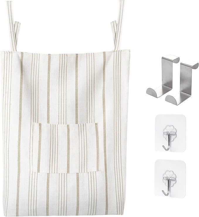 AELS Farmhouse Hanging Laundry Hamper with 2 Hooks, Boho Beige & Light Brown Stripes Laundry Bag with Zipper & Wide Open Top, Over the Door Organizer for Dirty Clothes, Washable Space Saving Storage