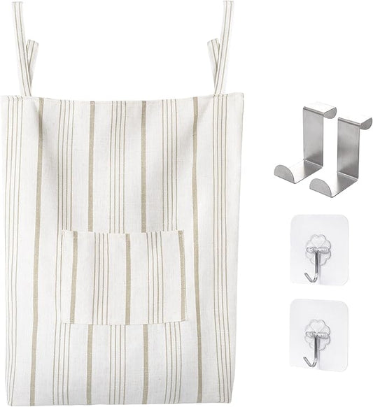 AELS Farmhouse Hanging Laundry Hamper with 2 Hooks, Boho Beige & Light Brown Stripes Laundry Bag with Zipper & Wide Open Top, Over the Door Organizer for Dirty Clothes, Washable Space Saving Storage