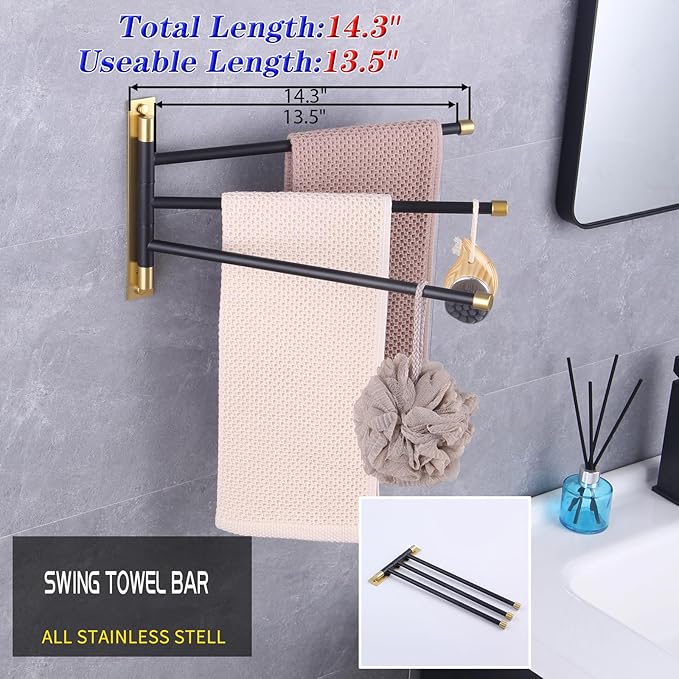 GERZWY SUS 304 Stainless Steel Bathroom Hand Towel Rack 3-Bar Folding Arm Swivel Hanger Bath Towel Holder Swing Out Towel Bar Wall Mount (Black & Gold) HYG03-BD