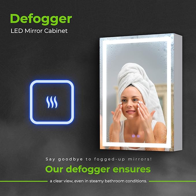 20x28 Inch LED Medicine Cabinet with Mirror - Lighted Bathroom Cabinet with 3 Color Modes (3000-6500K), Touch Dimmer, 2 Adjustable Shelves - Recessed or Surface Mount - Fab Glass and Mirror