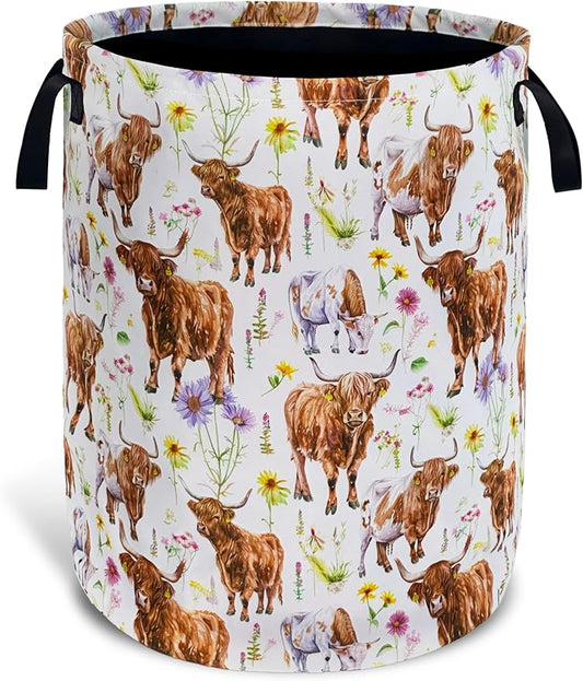 Cows Flowers Laundry Basket Foldable Oxford Cloth With Handle Portable Highland cattle Storage Basket Organizer Suitable For Laundry Room/Bedroom/Living Room/Children'S Room (18.9 X 16.5 Inch)