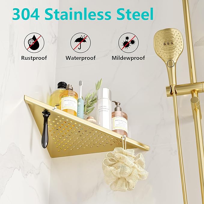 Qeke 10" Bathroom Corner Shelf, 2 Pack Recessed Shower Shelf Caddy, SUS304 Stainless Steel Shelf Wall Mount Triangular, No Drilling Brushed Golden