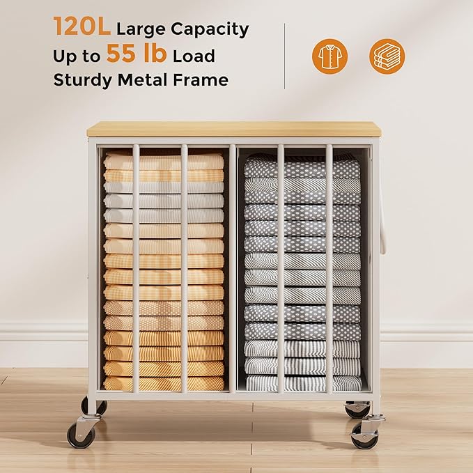 120L Laundry Hamper with Wheels and Lid, Rolling Laundry Basket with Dual Removable Liners, Soft-Close Flip-Top Wooden Lid, Metal Handles, Clothes Organizer for Bedroom and Laundry Room