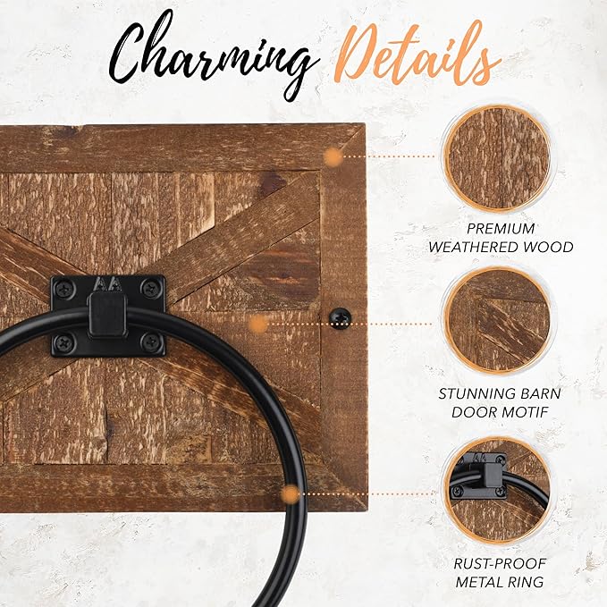 Autumn Alley Farmhouse Hand Towel Ring for Bathroom - Barn Wood Bath Towel Rings Holder - Towel Rings for Bathroom Wall Mounted Decor Mix of Wood, Galvanized Metal & Black Rings