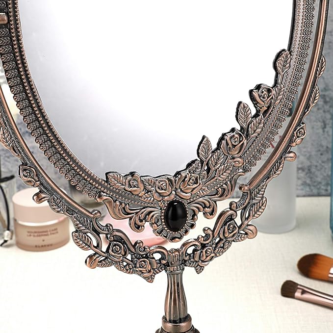 JUXYES Metal Tabletop Antique Decorative Makeup Mirror with Stand, Vintage Swivel Double Sided Cosmetic Mirror with Frame, Retro Desktop Oval Dressing Mirror for Bathroom Bedroom