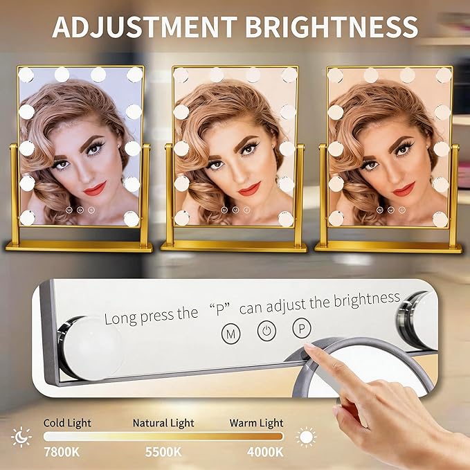 Makeup Vanity Mirror with Lights LED Makeup Mirror Detachable 10X Magnification, Hollywood Make Up Mirror with Lighting, Smart Touch, Rechargeable,360° Rotation, Gold 17.12"x13.77"