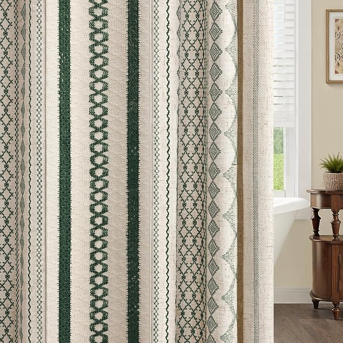 Dark Green Boho Shower Curtain for Bathroom, Linen Striped Print and Twine-Inspired Woven Center,72" W x 72" L