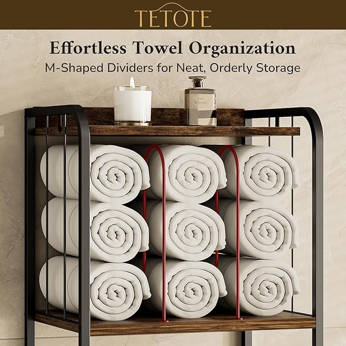 TETOTE 4-Tier Towel Rack, M-Shaped Detachable Dividers Towel Shelf with Hooks for Bathroom, Free Standing Pool Towel Holder Space-Saving Organizer, Rustic