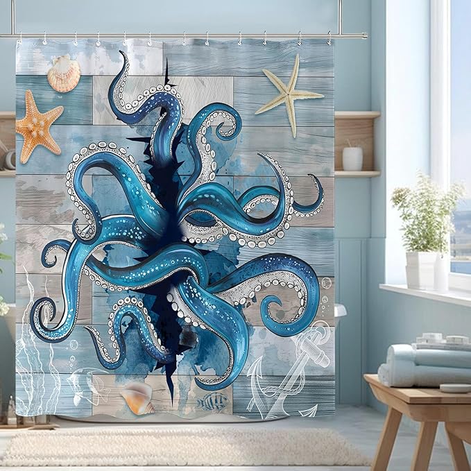 Accnicc Navy Blue Octopus Shower Curtain Funny Ocean Nautical Kraken Seashell Starfish Shower Curtains for Bathroom Beach Coastal Wooden Cool Unique Waterproof Fabric Bath Curtain Decor 72 X 72 Inch