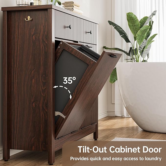Airynee Double Tilt-Out Laundry Hamper Cabinet with 2 Drawers, 20 Gallon Fluted Trash Can Cabinet with Laundry Basket, Hidden Wood Garbage Can Bin Cabinets for Bathroom & Kitchen, Brown
