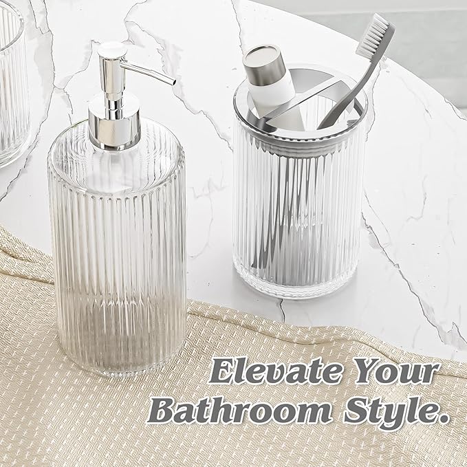 BSSN Glass Bathroom Accessories 5 Pcs, Clear Bathroom Set, Soap Dispenser, Toothbrush Holder Set, Tumber, Qtip Holder Set, Vintage Bathroom Sink Set, Cute Bathroom Decor